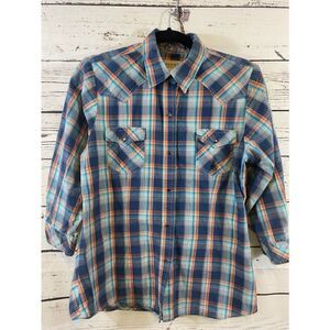 Men's Roper Blue & Orange Plaid Shirt Size M